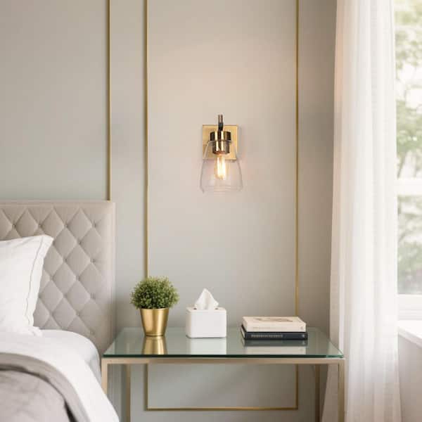 8.7 in. 1-Light Modern Mid-Century Black Bathroom Wall Sconce, Brass Powder Room Vanity Light with Seeded Glass Shade