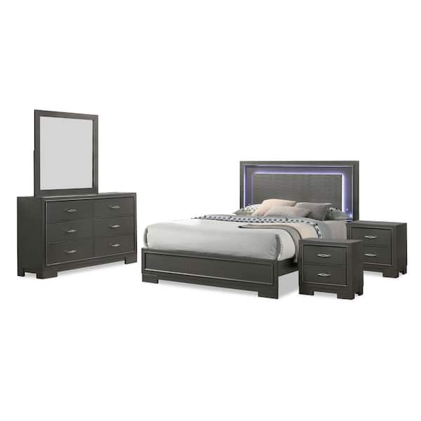 Furniture of America Jonvang 5-Piece Metallic Gray Wood Full Bedroom Set with 2-Nightstands and Dresser/Mirror