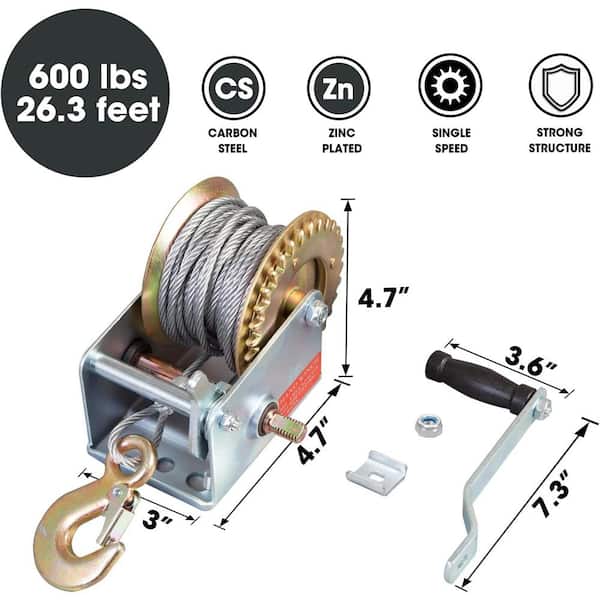 Road Dawg ATRT1061CD Torin 600lbs Capacity Hand Crank Boat Winch with 26.3ft Cable