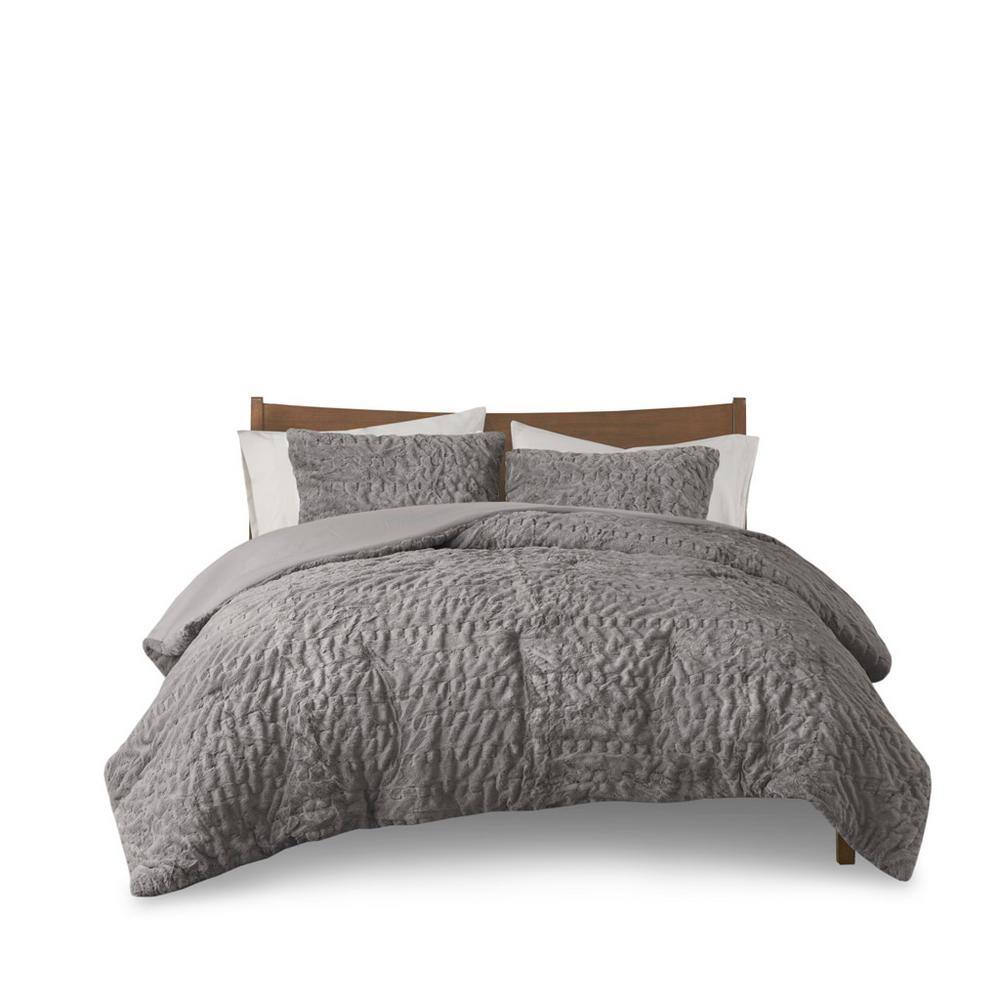 Gray King Ruched Faux Fur Down Alternative Comforter Set