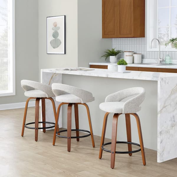 Grotto Upholstered 24 in. Walnut Wood and Oat Noise Fabric Fixed-Height Counter Stool (Set of 2)