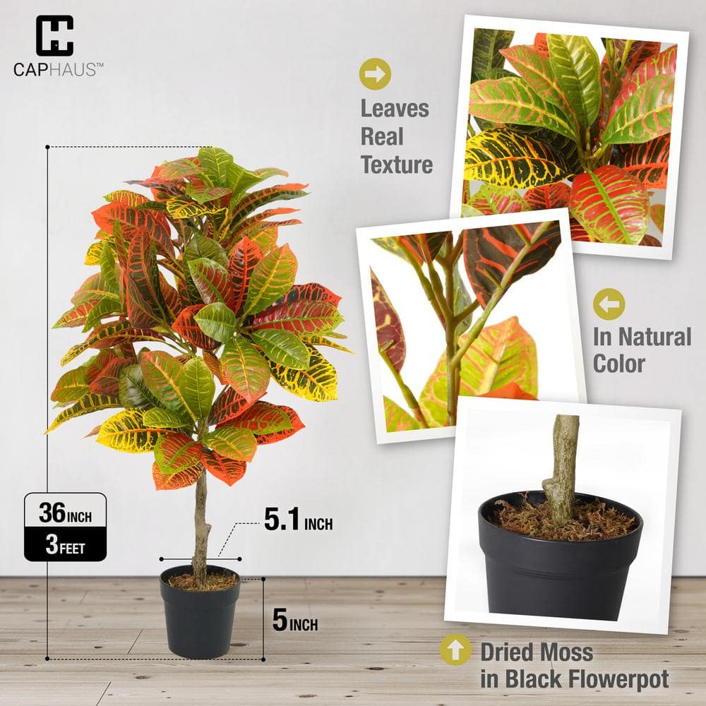 36 Inch Artificial Croton Topiary Tree with Plastic Pot and Moss