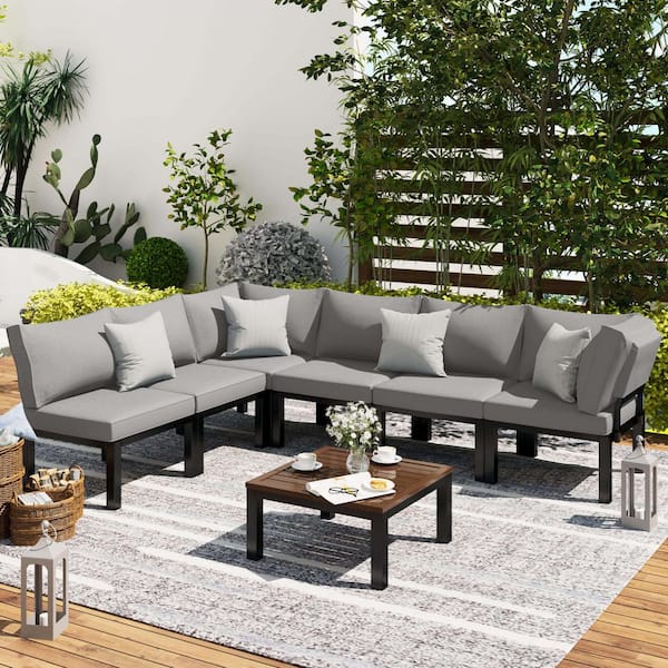 Zeus & Ruta 7-Piece Black Aluminum Outdoor Conversation Set with Gray Cushions and 1-Coffee Table