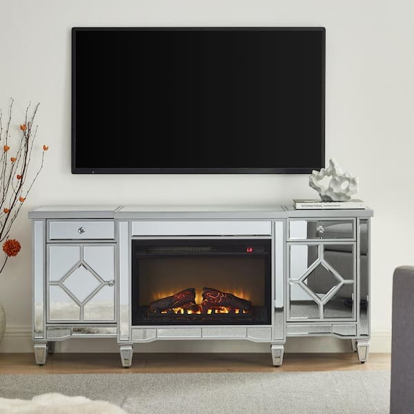 57 in. Flash Silver Combination TV Stand Cabinet With Electric Fireplace Insert and 3D Realistic LED Flames
