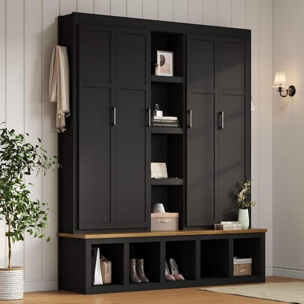 Black MDF Wood Hall Tree with 6 Hanging Hooks,Open Compartments and Seating Bench