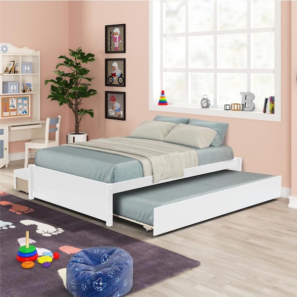 ANBAZAR White Full Size Platform Bed with Twin Trundle and 2-Drawers, Wood Kids Captain Platform Bed Frame with Wood Slats