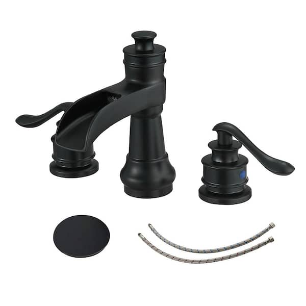 Fapully 8 in. Widespread 2-Handle Mid-Arc Waterfall Bathroom Faucet with Pop Up Drain and Supply Lines in Matte Black