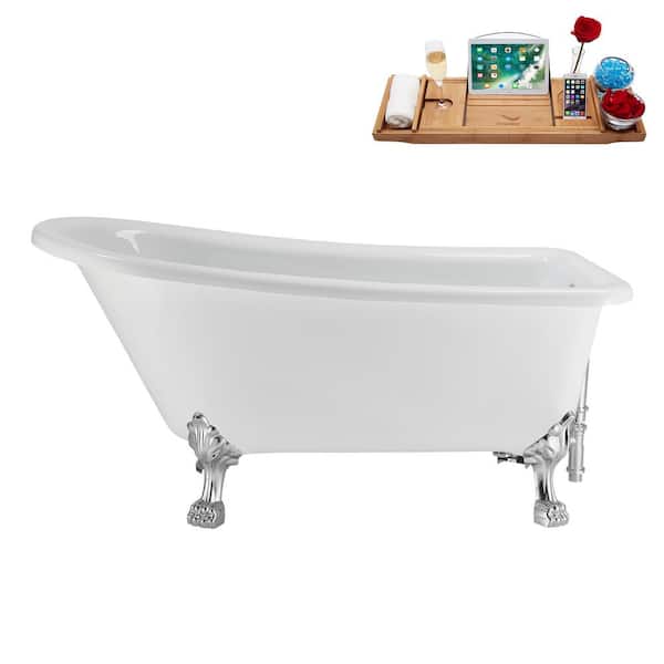 Streamline 58 in. x 28 in. Acrylic Clawfoot Soaking Bathtub in Glossy White with Polished Chrome Drain, Polished Chrome Clawfeet
