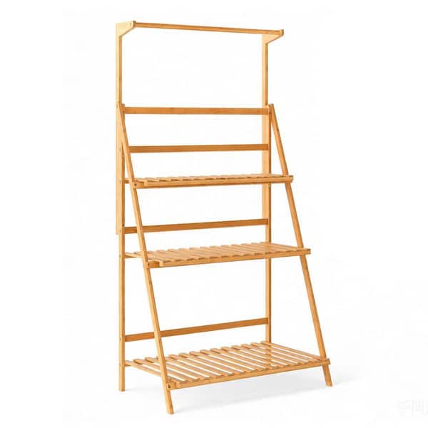 3-Tier Natural Bamboo Wood Hanging Plant Stand with Height Adjustable Hanger Rod (28 in. H W x 56 in. H)
