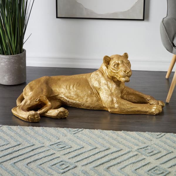 Litton Lane Gold 44 in. x 16 in. Resin Laying Tiger Sculpture