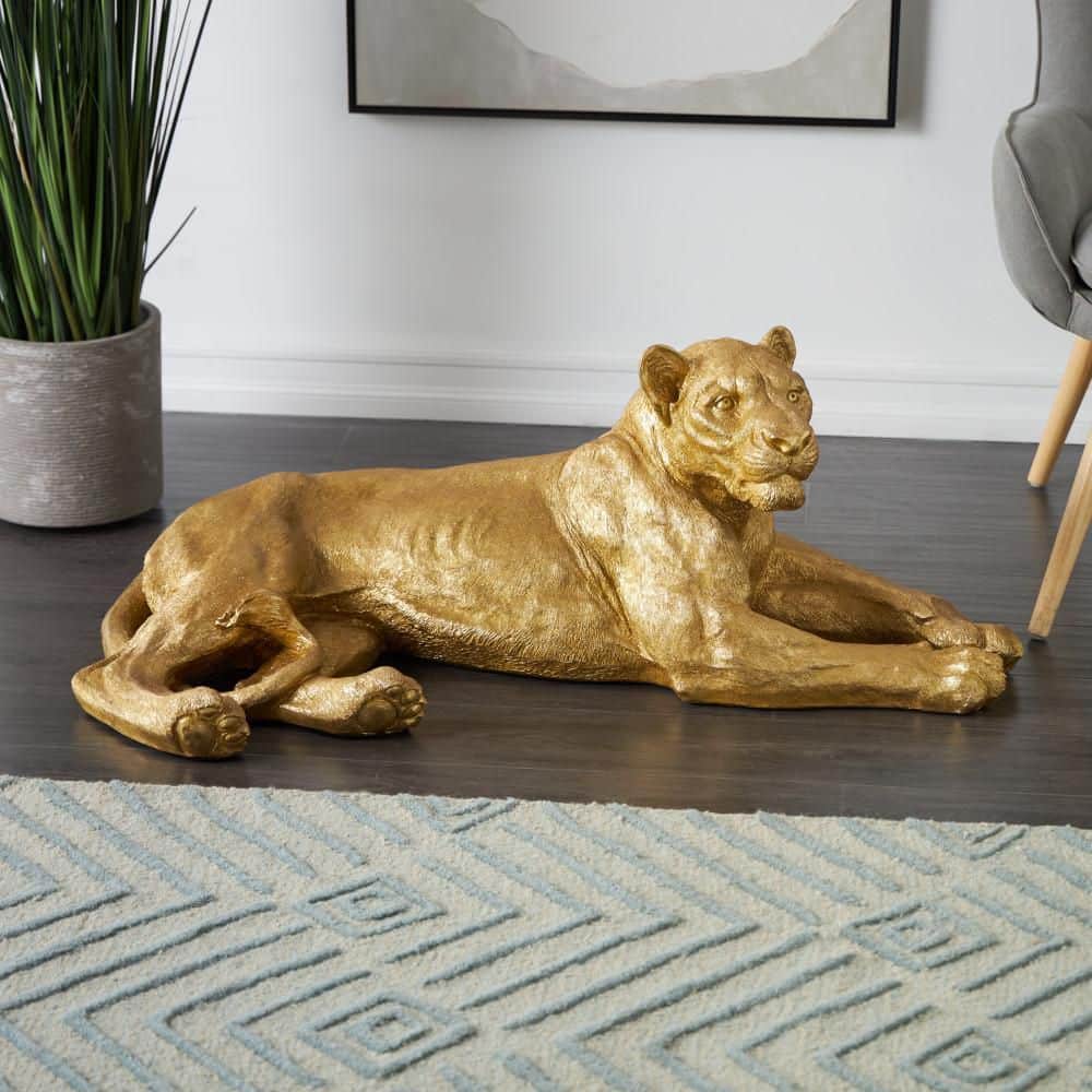 Litton Lane Gold 44 in. x 16 in. Resin Laying Leopard Sculpture