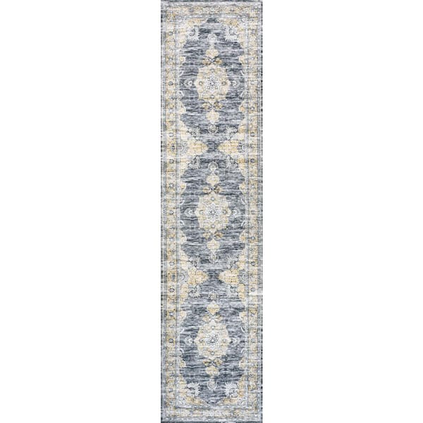 Dark Gray/Yellow 2 ft. x 8 ft. Bausch Bohemian Distressed Chenille Machine-Washable Runner Rug