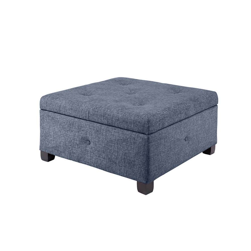 Blue Button Tufted Square Storage Ottoman with Dark Wood Legs
