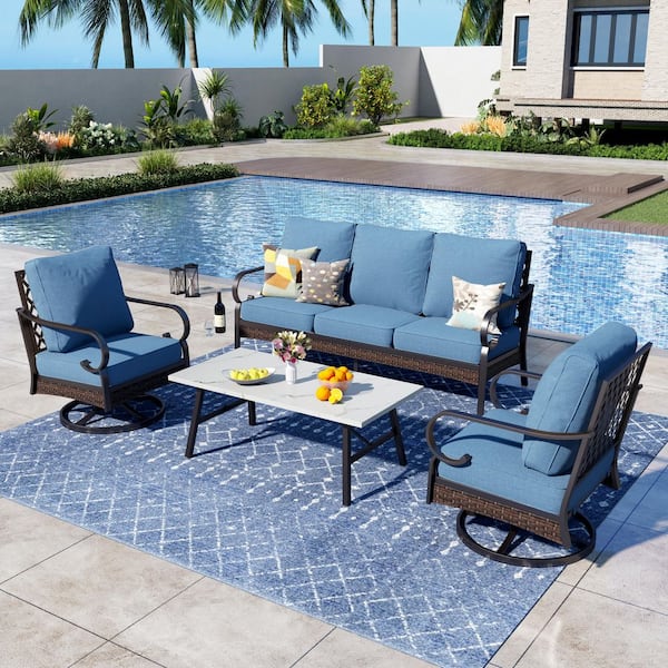 PHI VILLA 4-Piece Black Metal Outdoor Patio Conversation Set with Swivel Chairs, Marbling Coffee Table and Denim Blue Cushions