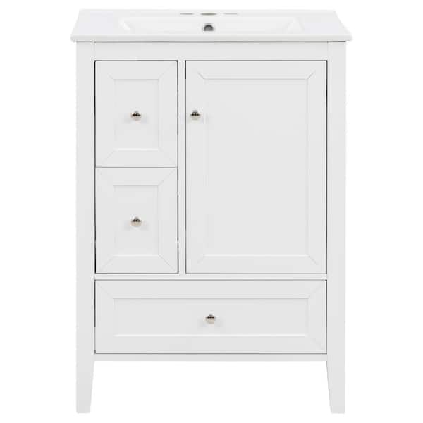 Modern 18 in. White Bath Vanity with White Ceramic Sink Top,Solid Wood Legs,Drawers & Door, Storage Rack