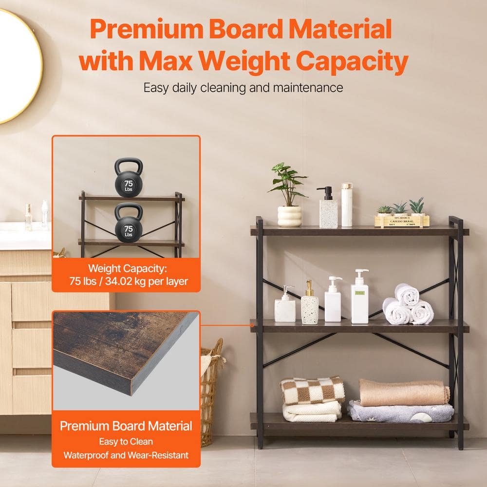 Brown Metal 3-Tier Adjustable Industrial Bookshelf