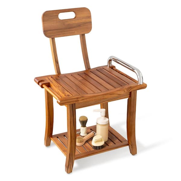 19 in. Teak Wood Shower Bench Seat with Handles and Backrest in Brown, Waterproof Shower Seat for Seniors