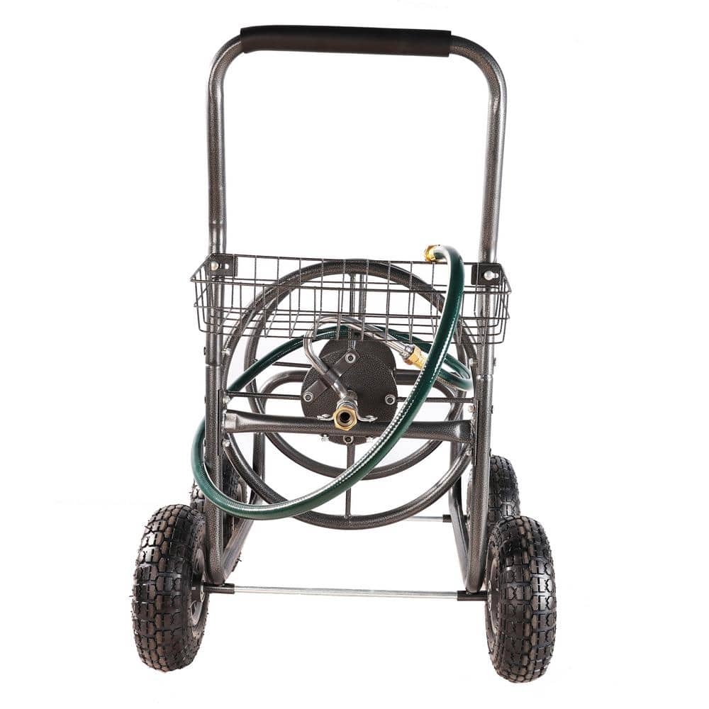 Green Heavy-Duty 4-Wheel Garden Hose Reel Cart with Storage Basket