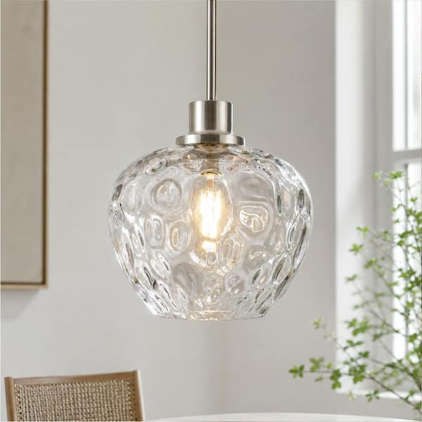 RayHome 1-Light Brushed Nickel Adjustable Height Pendant Light with Apple-Shaped Hammered Glass for Kitchen Bedroom