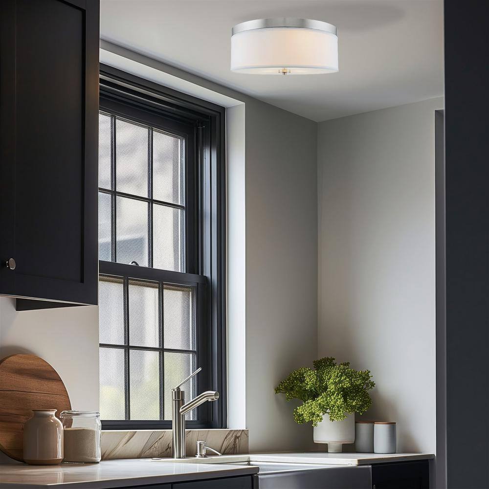 Brushed Nickel 15" Modern Drum Flush Mount with White Fabric Shade