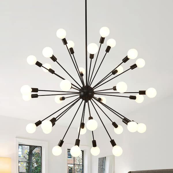 Sputnik Ceiling Light Fixture, 32-Light Black Chandelier for Dining Room, Mid Century Modern Chandeliers for Living Room
