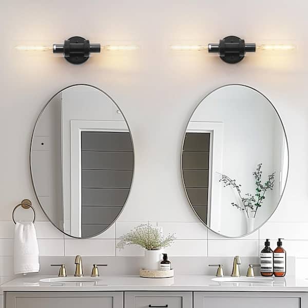 18.1 in. 2-Light Black Circle Glass Standard Wall Sconce for Dining Rooms, Kitchens, Bathrooms