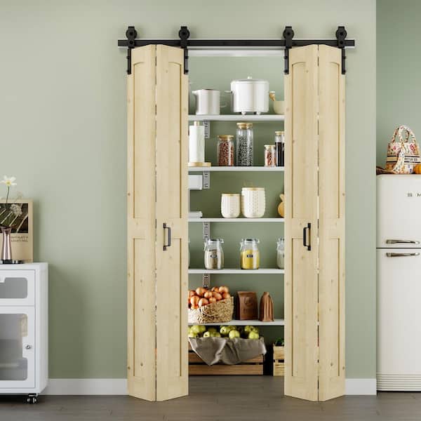 50 in. x 84 in. Arch Panel H Style Solid Core Unfinished Pine Wood Bi-fold Door with Bifold Barn Door Hardware Kit