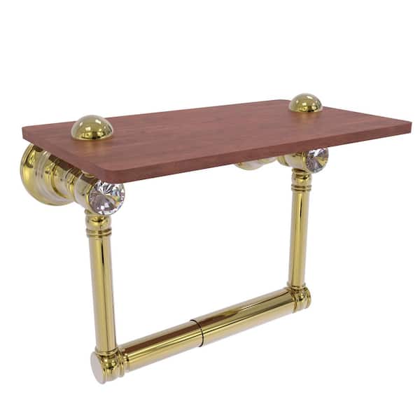 Allied Brass Carolina Crystal Collection Wall Mounted Toilet Paper Holder in Unlacquered Brass with Wood Shelf