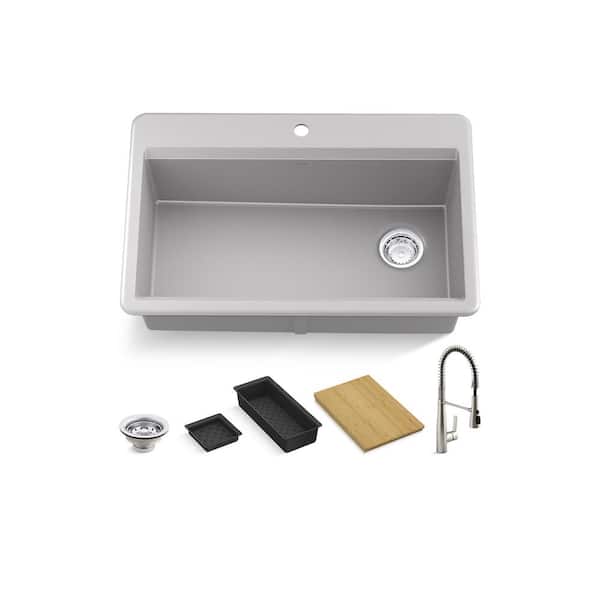 KOHLER Lassen 33 in. Drop-in Single Bowl Granite Composite Kitchen Workstation Sink in Matte Grey with Faucet