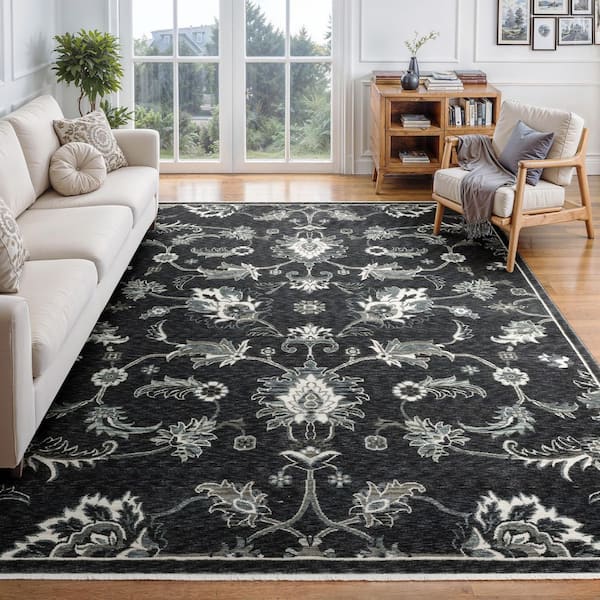 Eclipse Blue/Ivory 7 ft. x 10 ft. Traditional Old World Floral Polyester Fringe-Edge Indoor Area Rug