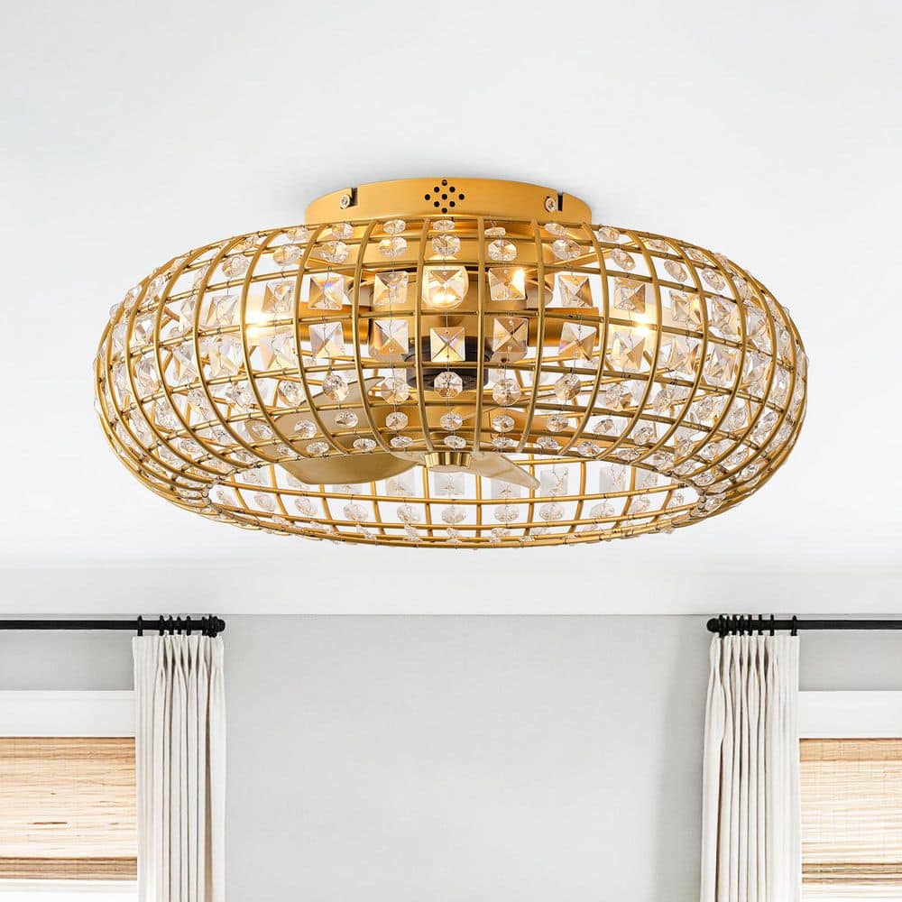 IHOMEadore 19 in. Indoor Fandelier Crystal Gold Flush Mount Ceiling Fan ...