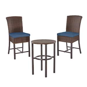 Harper Creek 3-Piece Brown Steel Outdoor Patio Bar Height Dining Set with CushionGuard Sky Blue Cushions