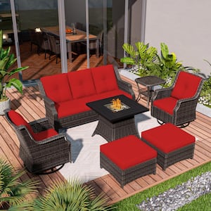 7-Piece Wicker Outdoor Patio Fire Pit Seating Sofa Set with Red Cushions