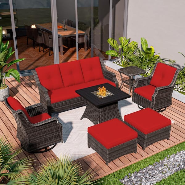 MeetLeisure 7-Piece Wicker Outdoor Patio Fire Pit Seating Sofa Set with Red Cushions