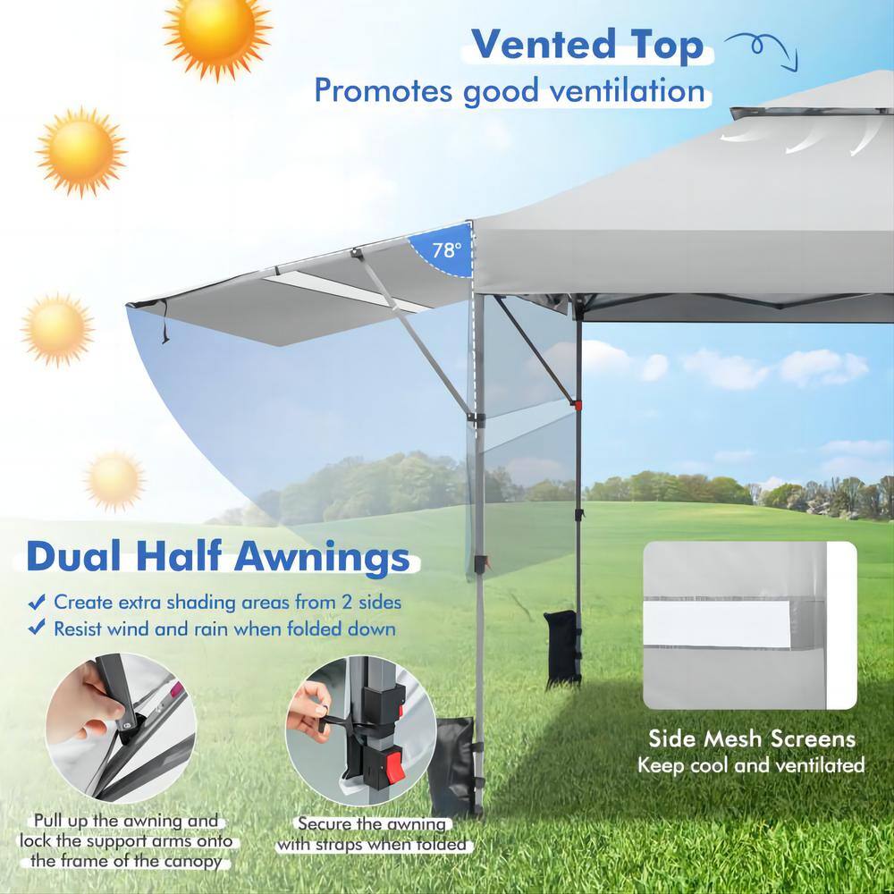 White 10' x 17.6' Outdoor Pop-Up Canopy Tent with Dual Awnings