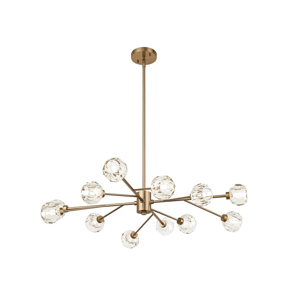 Modern 33.07 in. 12-Light Brushed Gold Sputnik Crystal Chandelier Gold Cut 