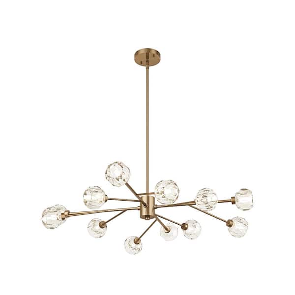 Modern 33.07 in. 12-Light Brushed Gold Sputnik Crystal Chandelier Gold Cut Crystal Branches Ceiling Light Fixtures