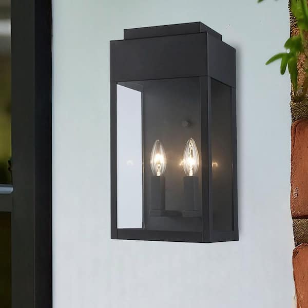 Marley 16 in. 2-Light Black Outdoor Wall Light Fixture with Clear Glass