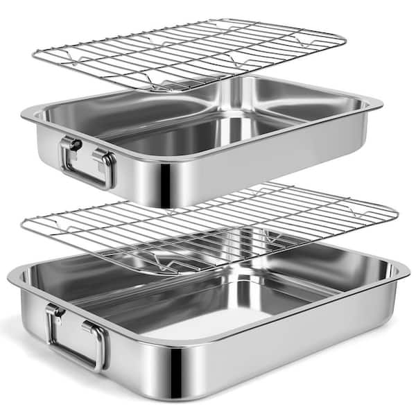 2 pcs Silver Stainless Steel Roasting Pan with Rack Oven Safe Dishwasher Safe Rectangular Bakeware Pan