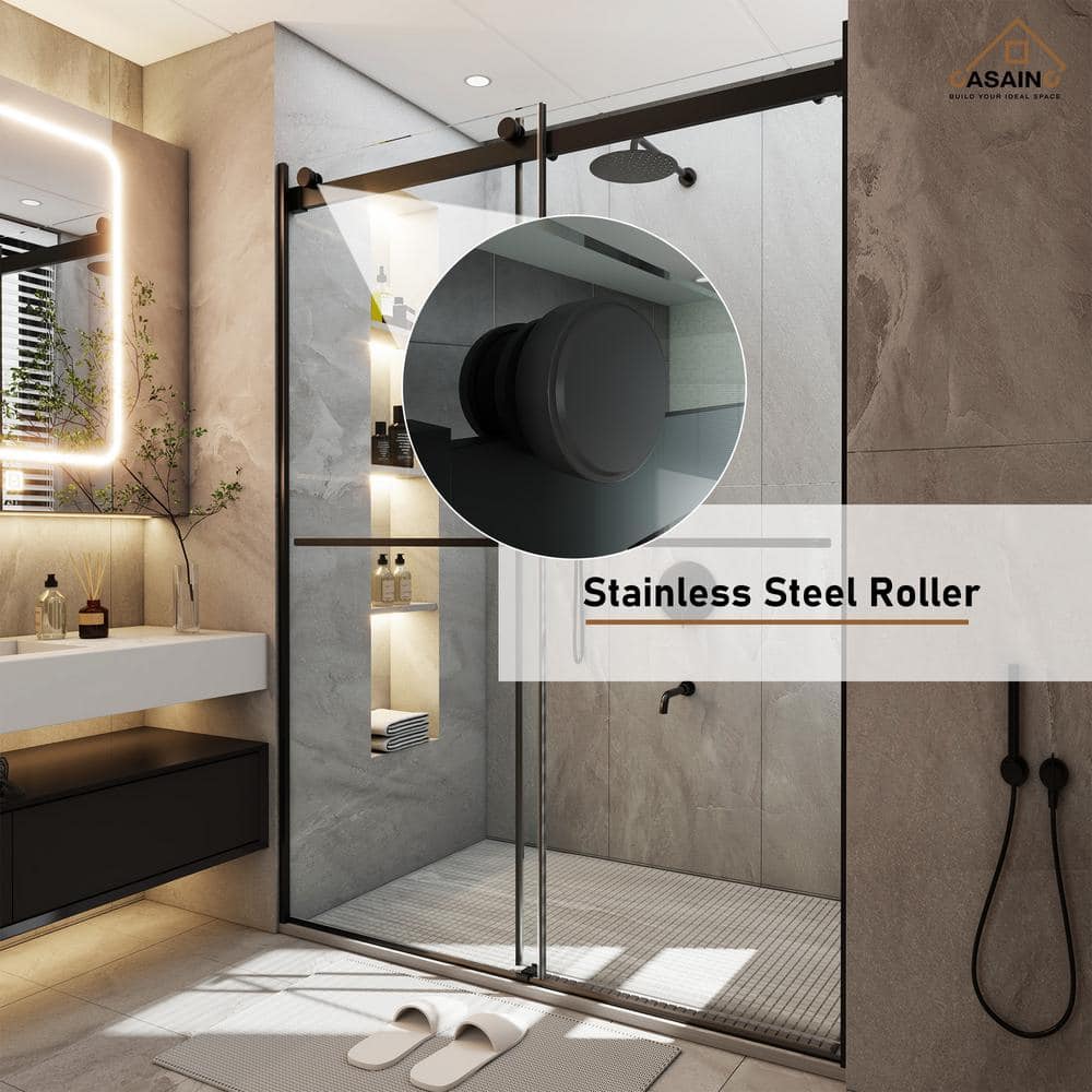 Black Frameless Double Sliding Bypass Shower Door 48" x 76"
