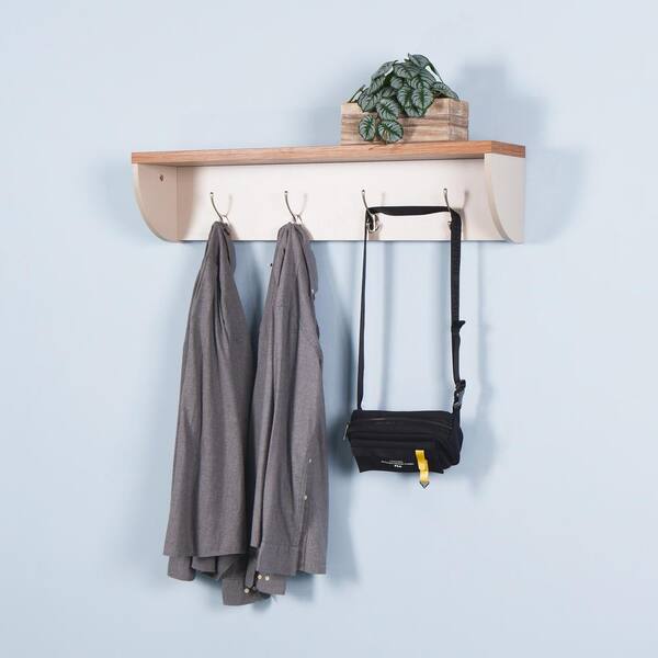 Wateday White Wall Mounted Coat Rack with 4-Hooks Storage Shelf