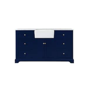 Timeless Home 60 in. W x 22 in. D x 34.75 in. H Single Bathroom Vanity Side Cabinet in Blue with White Marble Top