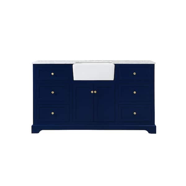 Unbranded Timeless Home 60 in. W x 22 in. D x 34.75 in. H Single Bathroom Vanity Side Cabinet in Blue with White Marble Top