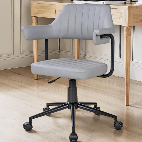 Adjustable Office Chair Faux Leather Swivel Ergonomic Task Chair in Gray with Armrests and Metal Frame for Home Office