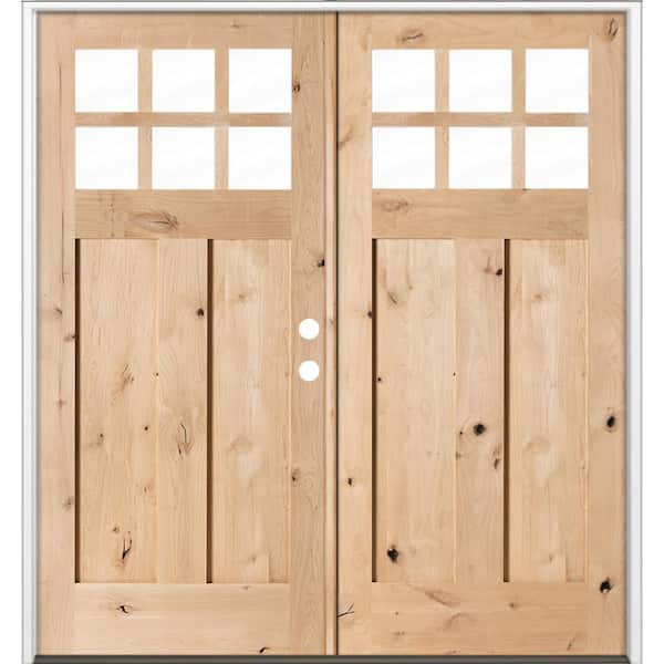 64 in. x 80 in. Craftsman Knotty Alder Left-Hand/Inswing Double 6-Lite Clear Glass Unfinished Wood Prehung Front Door