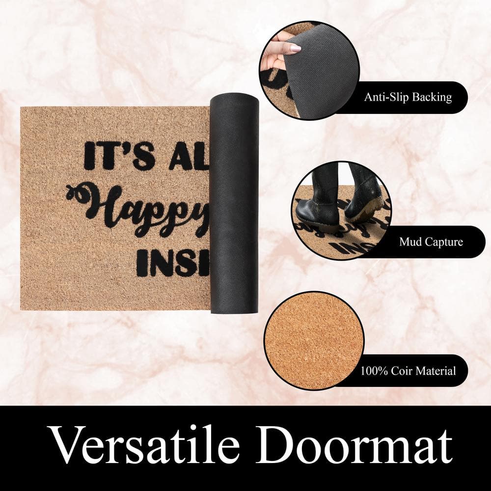 Happy Hour Black Natural Coir Outdoor Welcome Doormat, 24" x 36"