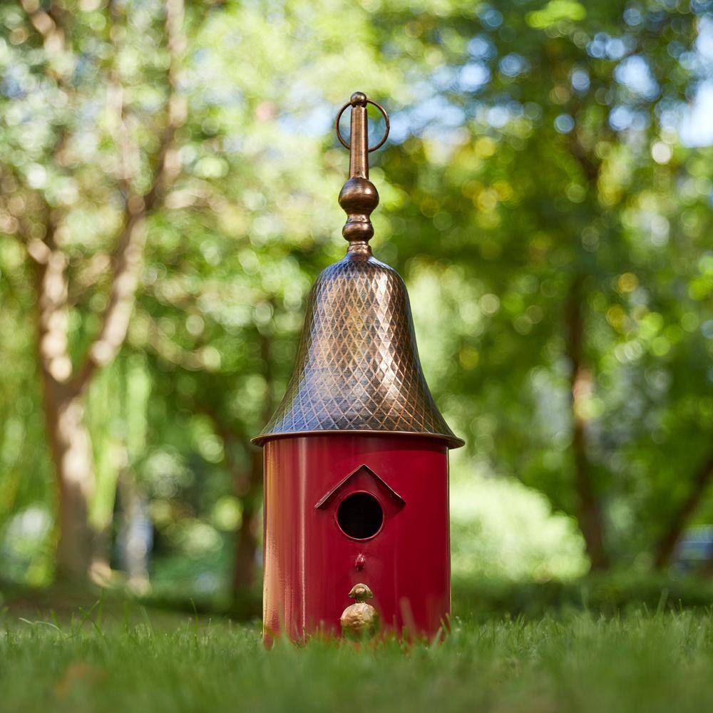 24" Red and Bronze Metal Pagoda Roof Outdoor Birdhouse