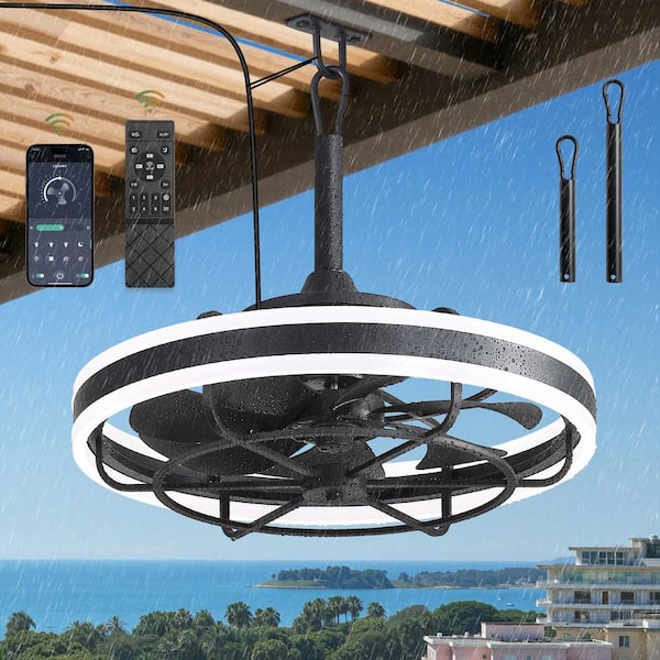 20 in. Black Outdoor Weatherproof 10%-100% Dimming Plug-in Downrod Mount Standard Ceiling Fan with Lights Remote and APP