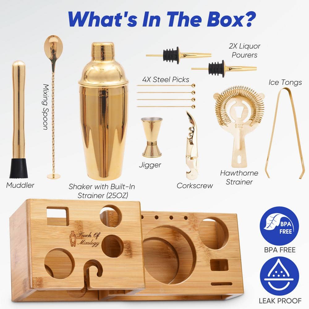 Gold Stainless Steel 14-Piece Bartender Kit with Bamboo Stand