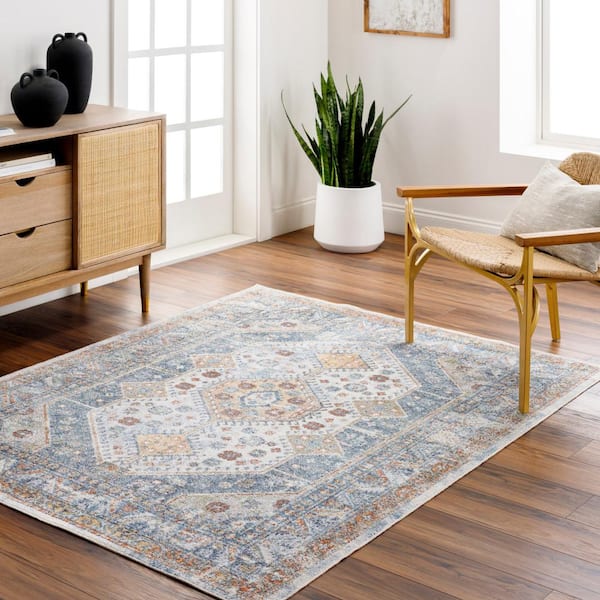 Lillian Sky Blue/Beige 5 ft. x 7 ft. Medallion Machine-Washable Indoor Area Rug